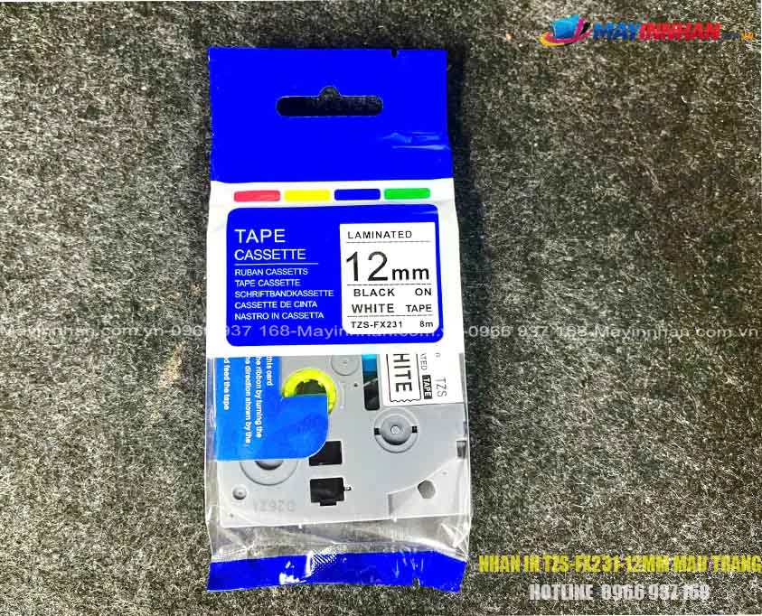 Nhãn in tương thích TZS-FX231 ( chữ đen nền trắng-12mm)