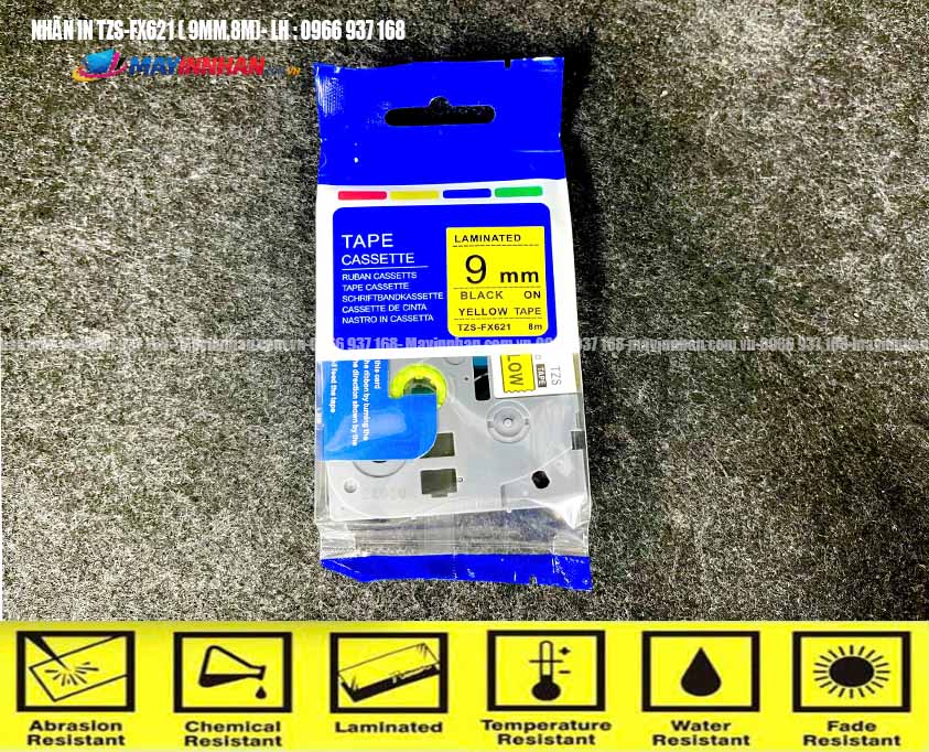Nhãn siêu dẻo TZS-FX621 Khổ 9mm chữ đen nền vàng